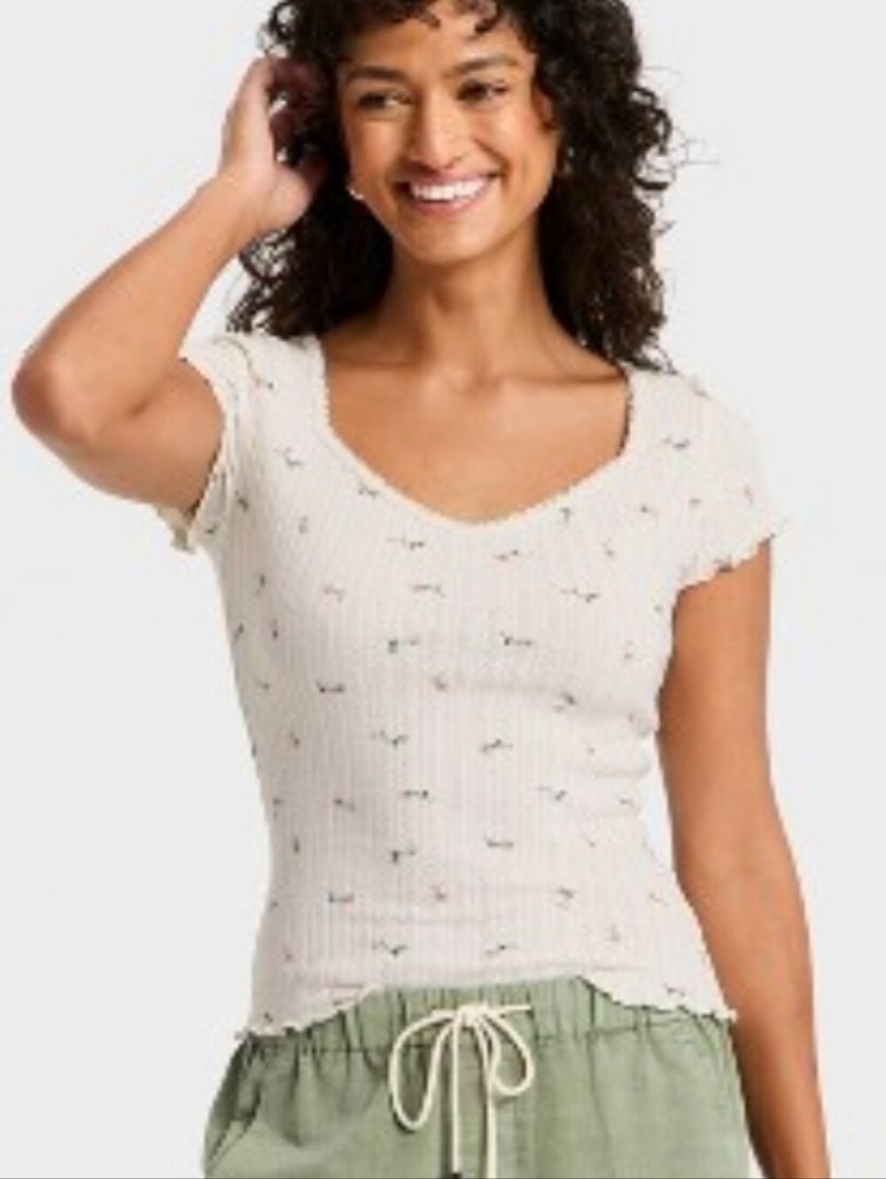 Target Cream Ribbed V-Neck Short Sleeve Top with Tiny Floral Dots